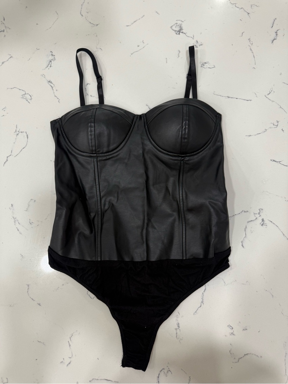 Say What? Black Faux Leather Bustier Bodysuit